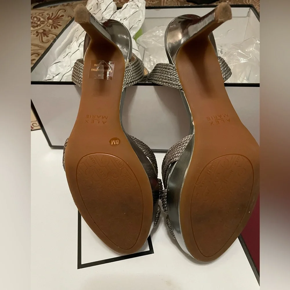 ✨ Stunning Alex Marie Silver Strappy Heels| Metallic Open Toe Sandals| Size: 8